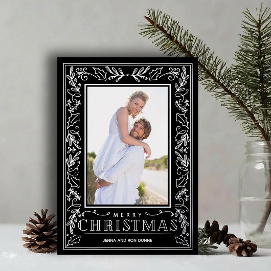 Stylish Greenery Christmas Photo Silver Folie Feestdagenkaart