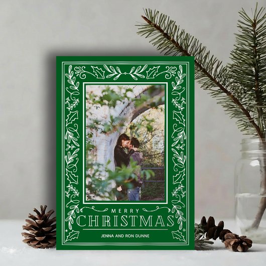 Stylish Greenery Christmas Photo Silver Folie Feestdagenkaart
