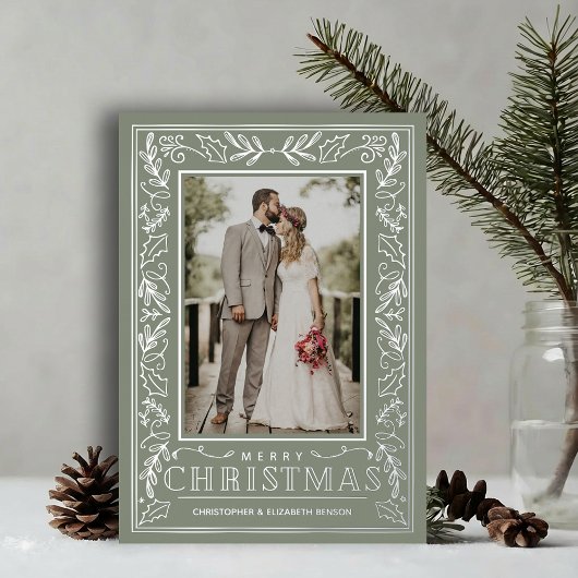 Stylish Greenery Christmas Photo Silver Folie Feestdagenkaart