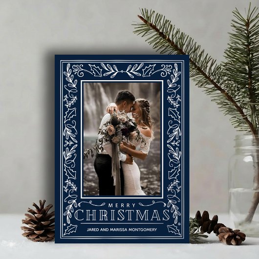 Stylish Greenery on Blue Christmas Photo Silver Folie Feestdagenkaart