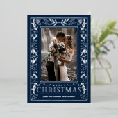Stylish Greenery on Blue Christmas Photo Silver Folie Feestdagenkaart (Staand Voorkant)