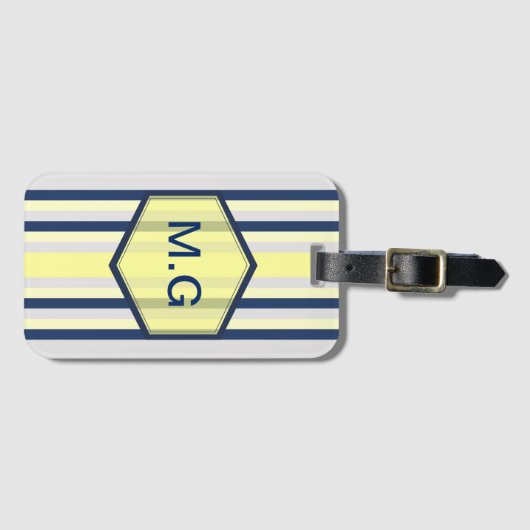 Stylish Grey and Yellow Stripes Monogram Bagagelabel (Voorkant (horizontaal))