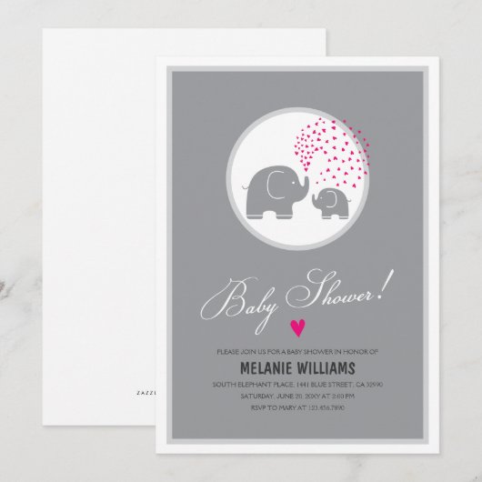 Stylish Grey Elephants Baby shower Invitation Kaart (Voorkant / Achterkant)