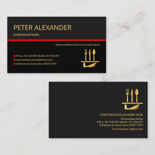 Stylish Grey Layers Red Line Waiter Butler Service Visitekaartje (Voorkant / Achterkant)
