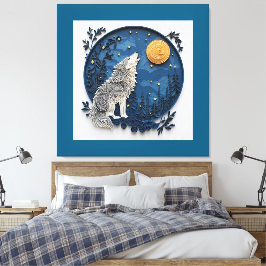 Stylish Grey Wolf Howling at the Moon  Canvas Afdruk (Insitu (Slaapkamer))