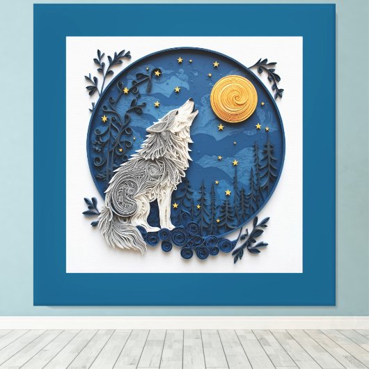 Stylish Grey Wolf Howling at the Moon  Canvas Afdruk (Insitu (Houten vloer))