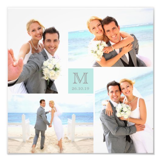 Stylish Grid Blue Square Monogram 4 Fotobruiloft Foto Afdruk (Voorkant)