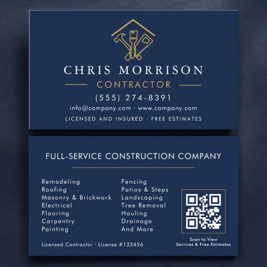 Stylish Home Repairs Contractor Navy Blue QR Code Visitekaartje