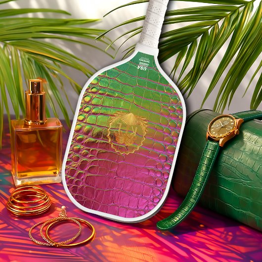Stylish Iridescent Pink Green Faux Crocodile Pickleball Paddle