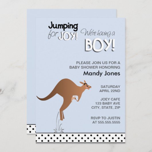 Stylish Kangaroo Jumping for Joy Boy baby shower Kaart (Voorkant / Achterkant)