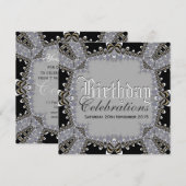 Stylish Lacy Black+Grey Birthday Celebrations Invi Kaart (Voorkant / Achterkant)