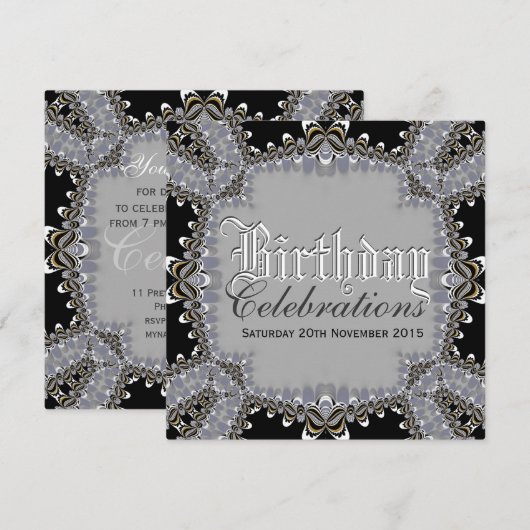 Stylish Lacy Black+Grey Birthday Celebrations Invi Kaart (Voorkant / Achterkant)