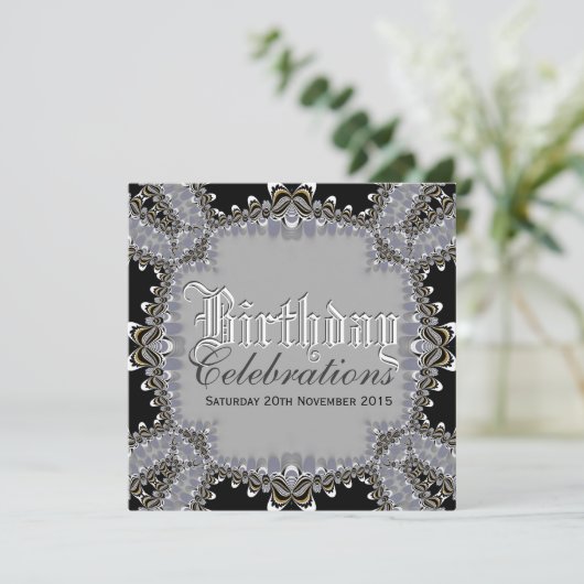 Stylish Lacy Black+Grey Birthday Celebrations Invi Kaart (Staand voorkant)
