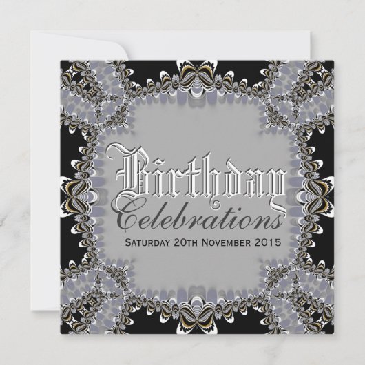 Stylish Lacy Black+Grey Birthday Celebrations Invi Kaart (Voorkant)