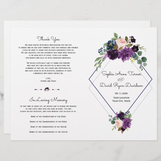 Stylish Lavender Navy Blue Floral Bloom Program (Voorkant / Achterkant)