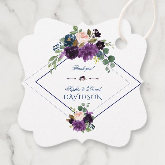 Stylish Lavender Navy Blue Floral Bloom Wedding Bedankjes Labels (Achterkant)