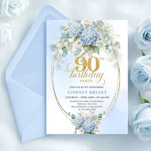 Stylish Light Blue Hydrangeas 90th Birthday Invite Kaart
