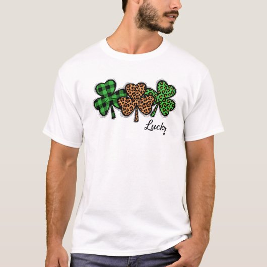 Stylish Lucky Clover Buffalo Plaid Leopard Art T-shirt (Voorkant)