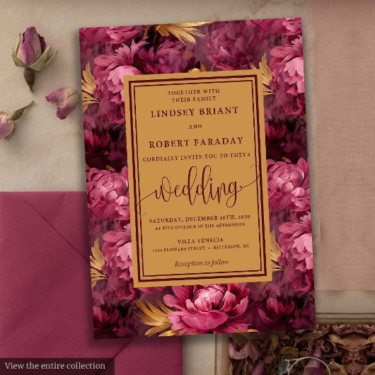Stylish Lux Marsala Gold Roses Wedding Invitation Kaart