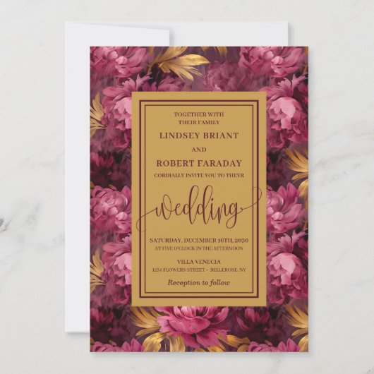 Stylish Lux Marsala Gold Roses Wedding Invitation Kaart (Voorkant)