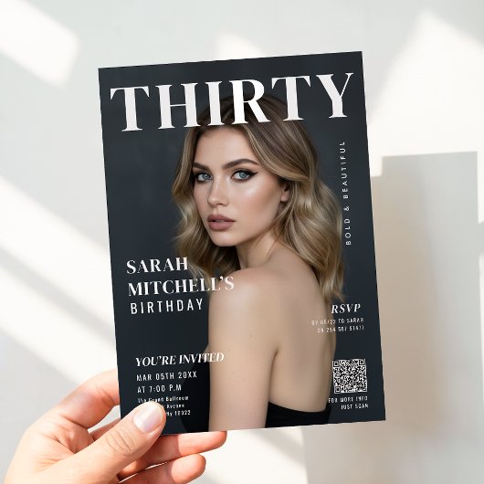 Stylish Magazine Cover Photo 30th Birthday QR Code Kaart
