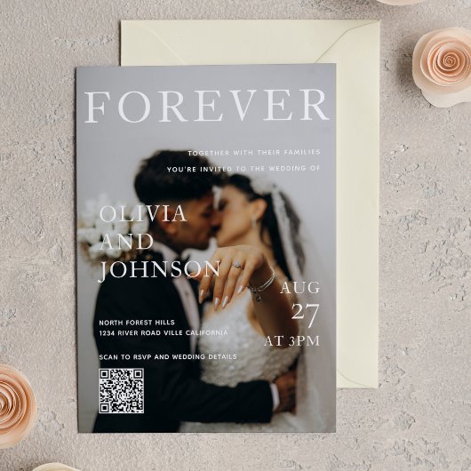 Stylish Magazine Style Qr Code Wedding Kaart