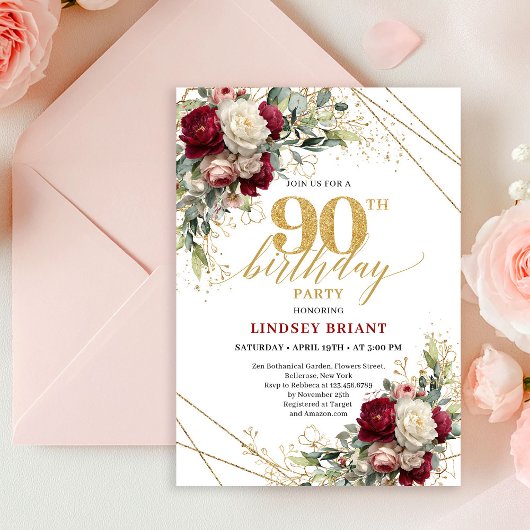 Stylish Marsala Gold Roses 90th Birthday Invitatio Kaart