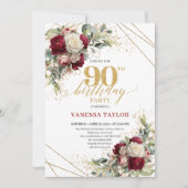 Stylish Marsala Gold Roses 90th Birthday Invitatio Kaart (Voorkant)