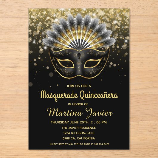 Stylish Masquerade Quinceañera 15th Birthday Acryl Uitnodigingen (Voorkant)