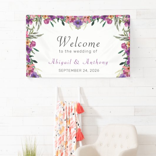 Stylish Mauve Floral Waterverf Welcome Wedding  Spandoek (Insitu)
