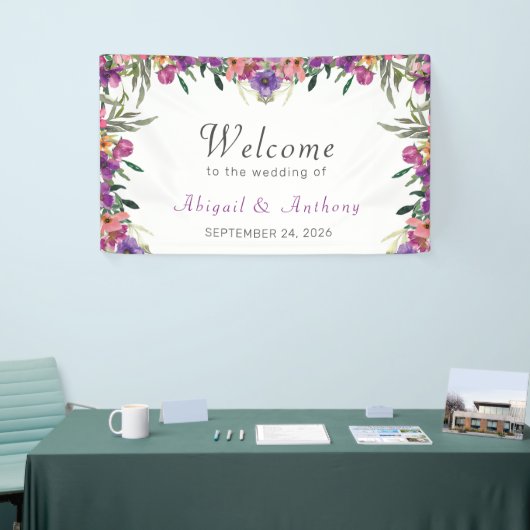 Stylish Mauve Floral Waterverf Welcome Wedding  Spandoek (Beurs)