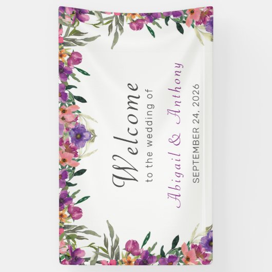 Stylish Mauve Floral Waterverf Welcome Wedding  Spandoek (Verticaal)