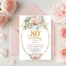 Stylish Minimal Blush Floral 80th Birthday Invite Kaart