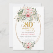 Stylish Minimal Blush Floral 80th Birthday Invite Kaart (Voorkant)