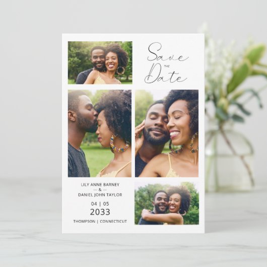 Stylish Minimalist Custom 4-Photo Wedding Save The Date (Staand voorkant)