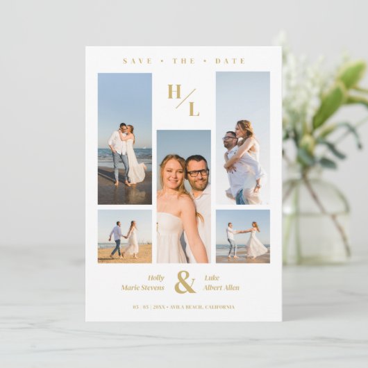 Stylish Minimalist Initials Collage 5 photos Save The Date (Staand voorkant)