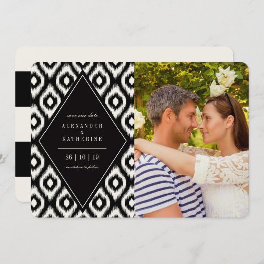 Stylish Mod Diamond Ikat Photo Save the Date Kaart (Voorkant / Achterkant)