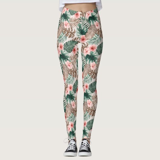 Stylish Modern Boho Waterverf Tropical Floral Leggings (Voorkant)