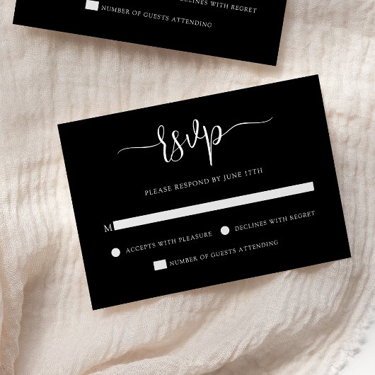 Stylish Modern Calligraphy Black Wedding RSVP Kaartje