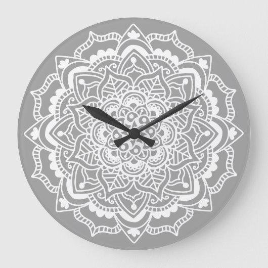 Stylish Modern Grey White Boho Bohemian Mandala Grote Klok (Voorkant)