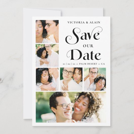 Stylish Modern Minimalist 6-Photo Collage Wedding  Save The Date (Voorkant)