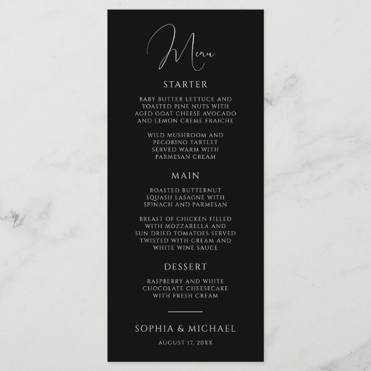 Stylish Modern Script Black And White Wedding Menu (Voorkant)
