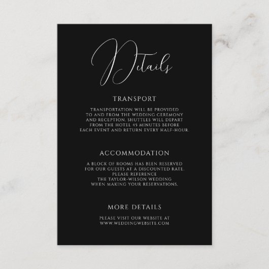 Stylish Modern Script Black Wedding Details Informatiekaartje (Voorkant)