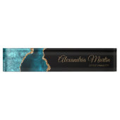 Stylish Modern Teal Black Gold Glitter Script Naambordje (Voorkant)