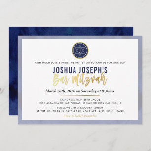 STYLISH MONOGRAM BAR MITZVAH marvy blue gold scrip Kaart