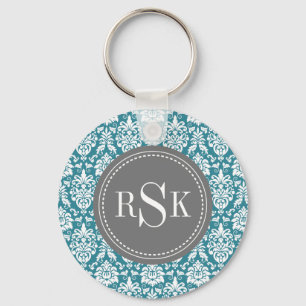 Stylish Monogram Trio Blauwgroen Damask Sleutelhanger