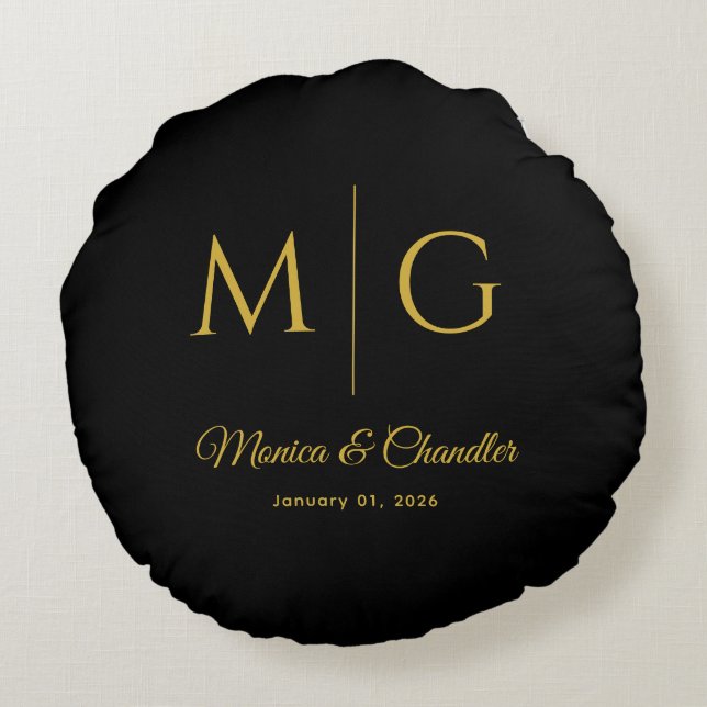 Stylish Monogram With Couple Name Black Rond Kussen (Achterkant)