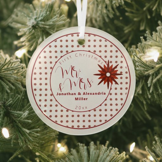 Stylish Mr & Mrs First Kerstmis | Rode sneeuwvlok Glas Ornament (Insitu)