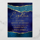 Stylish Navy Blue Geoed Agate 18th Birthday Real Folie Uitnodiging (Voorkant)