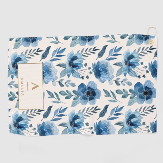 Stylish Navy Blue Watercolor Flowers Monogram Golfhanddoek (Horizontaal)